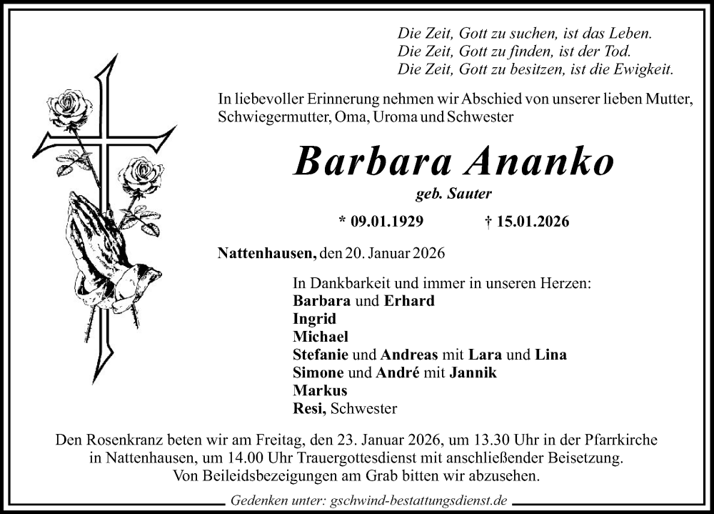 Traueranzeige für Barbara Ananko vom 20.01.2026 aus Mittelschwäbische Nachrichten
