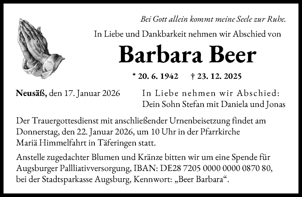  Traueranzeige für Barbara Beer vom 17.01.2026 aus Augsburger Allgemeine