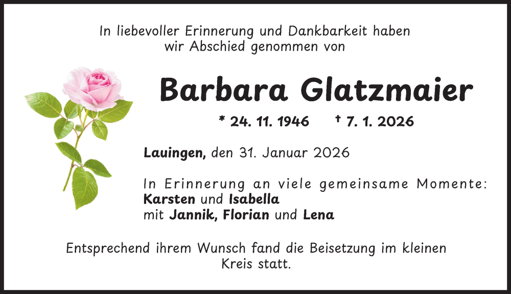  Traueranzeige für Barbara Glatzmaier vom 31.01.2026 aus Donau Zeitung