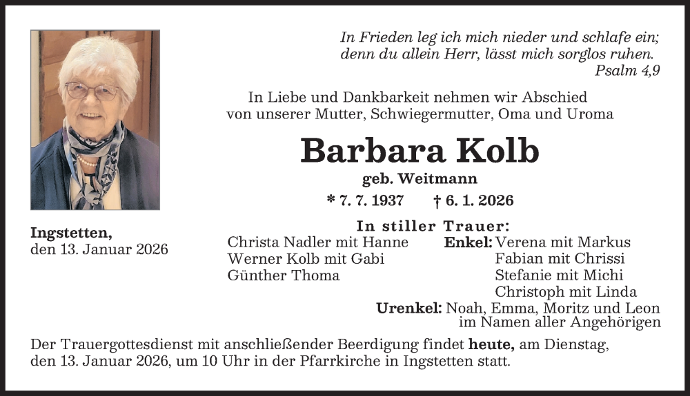  Traueranzeige für Barbara Kolb vom 13.01.2026 aus Neu-Ulmer Zeitung