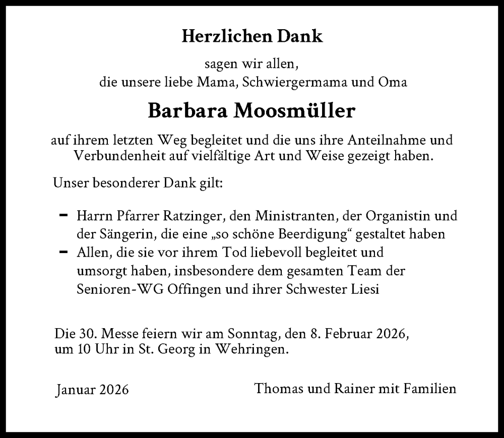 Traueranzeige von Barbara Moosmüller von Schwabmünchner Allgemeine