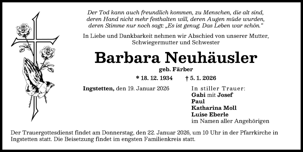  Traueranzeige für Barbara Neuhäusler vom 19.01.2026 aus Neu-Ulmer Zeitung