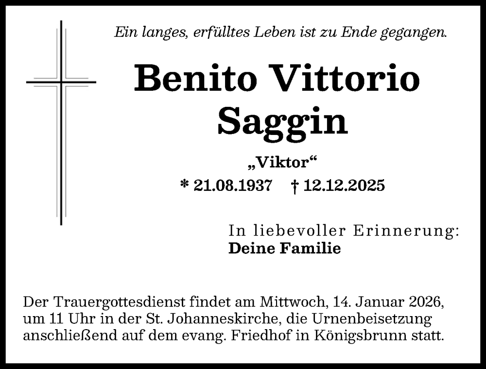 Traueranzeige von Benito Vittorio Saggin von Schwabmünchner Allgemeine