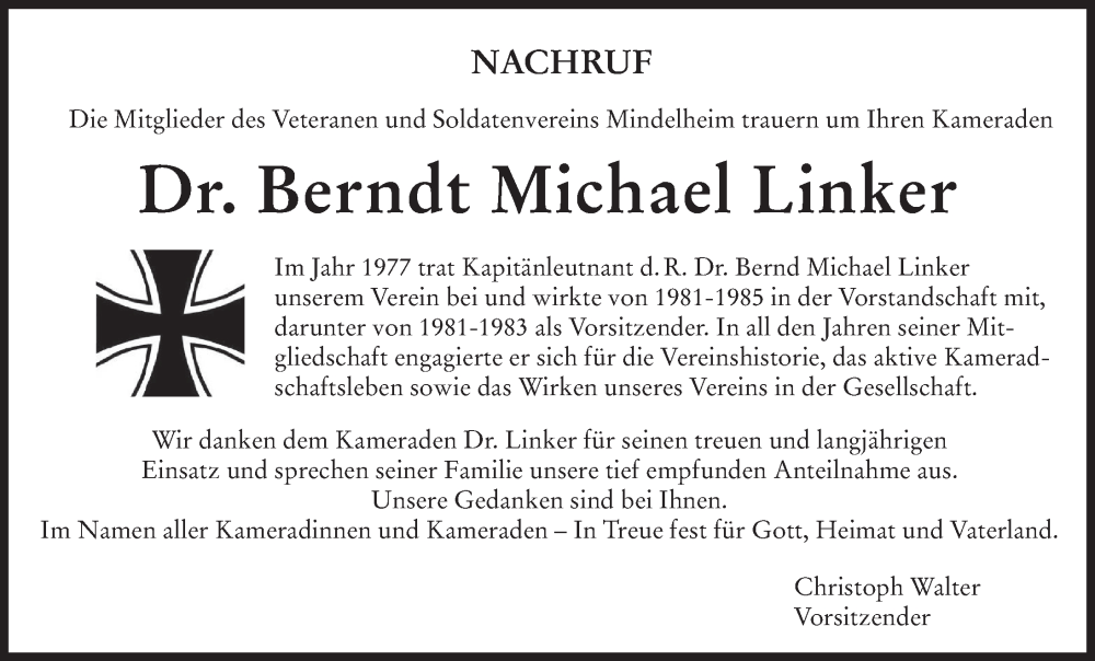  Traueranzeige für Berndt Michael Linker vom 22.01.2026 aus Mindelheimer Zeitung