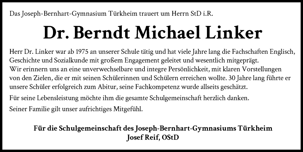  Traueranzeige für Berndt Michael Linker vom 21.01.2026 aus Mindelheimer Zeitung