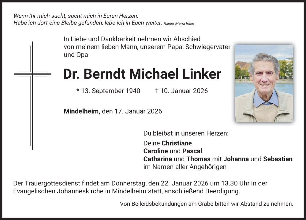  Traueranzeige für Berndt Michael Linker vom 17.01.2026 aus Mindelheimer Zeitung