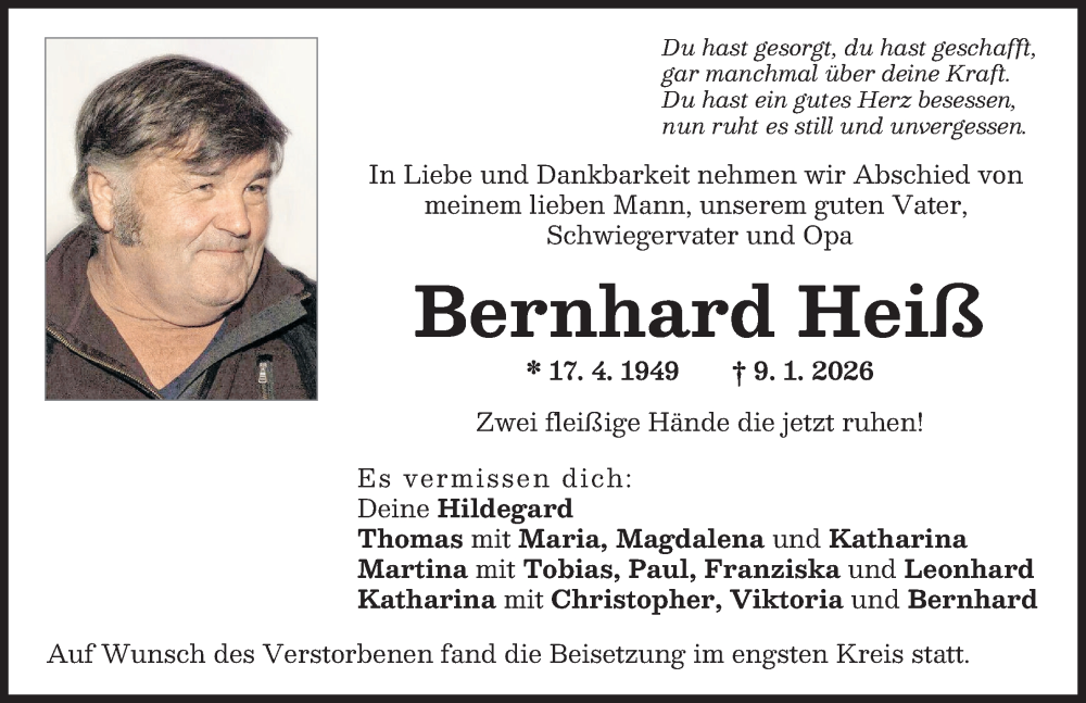  Traueranzeige für Bernhard Heiß vom 17.01.2026 aus Schwabmünchner Allgemeine