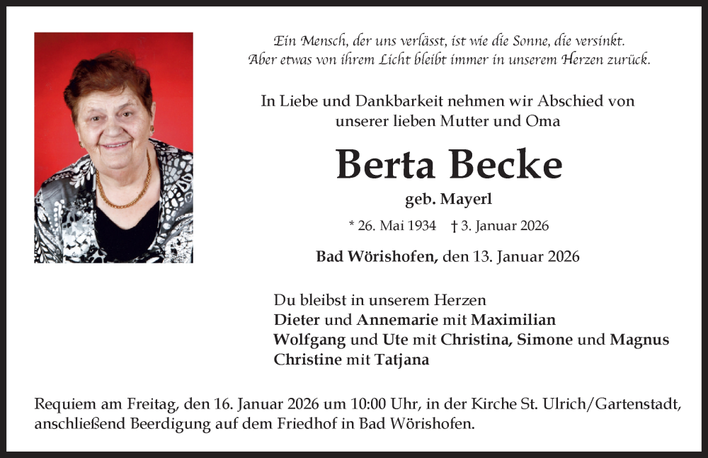  Traueranzeige für Berta Becke vom 13.01.2026 aus Mindelheimer Zeitung