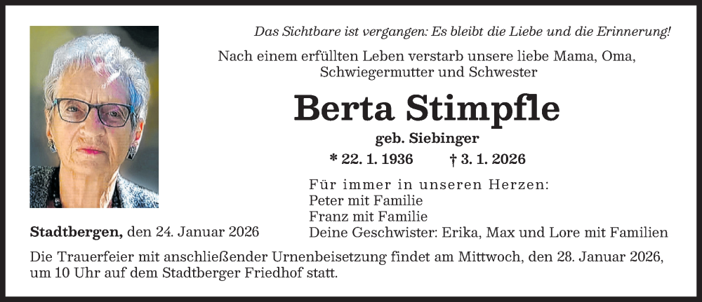  Traueranzeige für Berta Stimpfle vom 24.01.2026 aus Augsburger Allgemeine