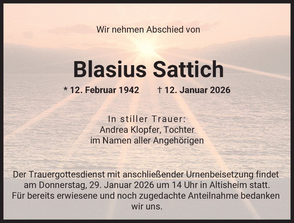  Traueranzeige für Blasius Sattich vom 26.01.2026 aus Donauwörther Zeitung