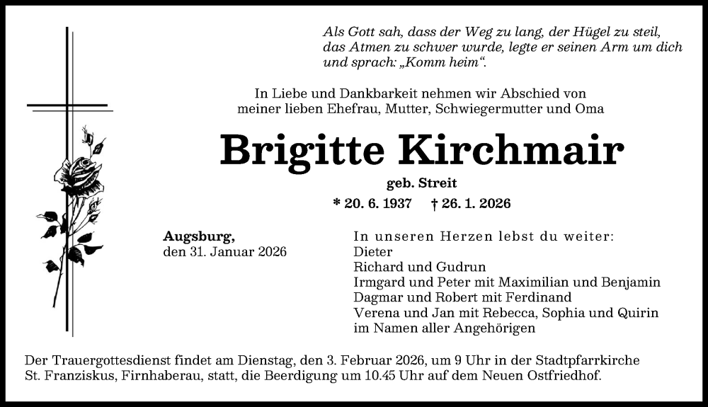  Traueranzeige für Brigitte Kirchmair vom 31.01.2026 aus Augsburger Allgemeine