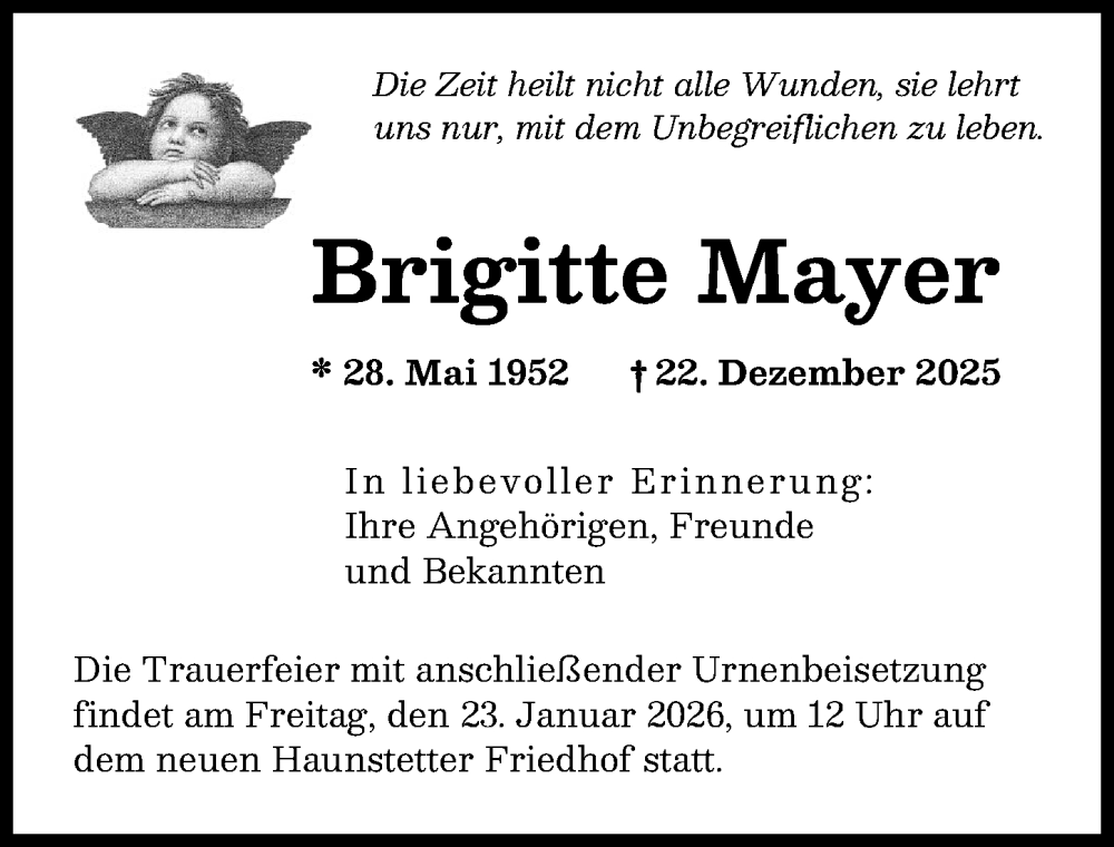  Traueranzeige für Brigitte Mayer vom 17.01.2026 aus Augsburger Allgemeine