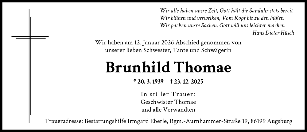  Traueranzeige für Brunhild Thomae vom 17.01.2026 aus Augsburger Allgemeine