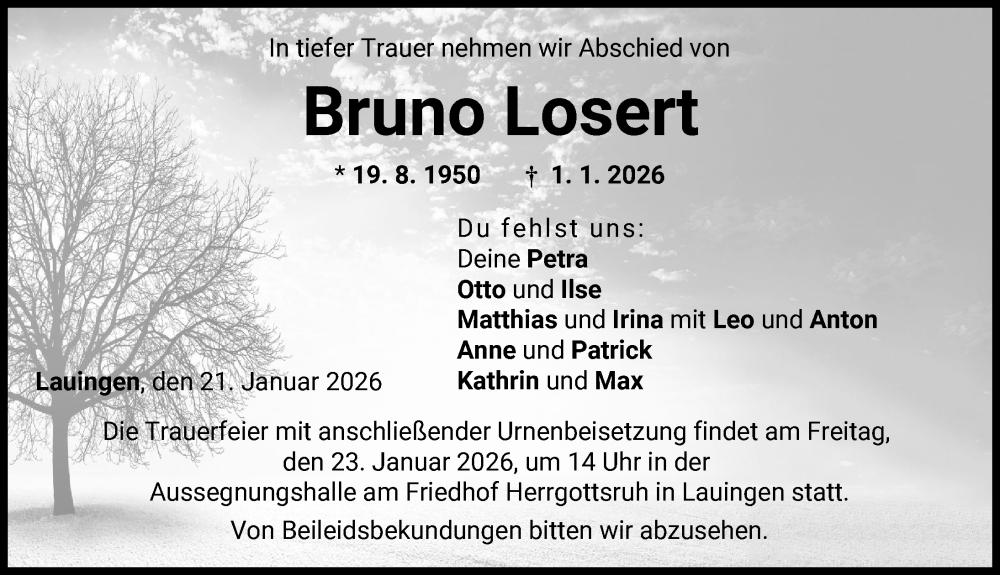  Traueranzeige für Bruno Losert vom 21.01.2026 aus Donau Zeitung