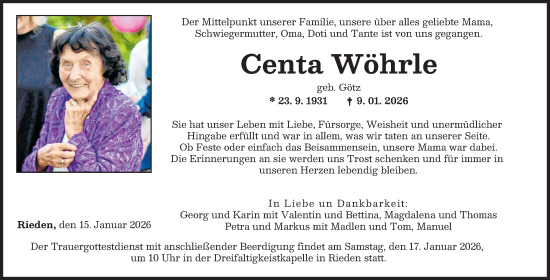 Traueranzeige von Centa Wöhrle von Günzburger Zeitung