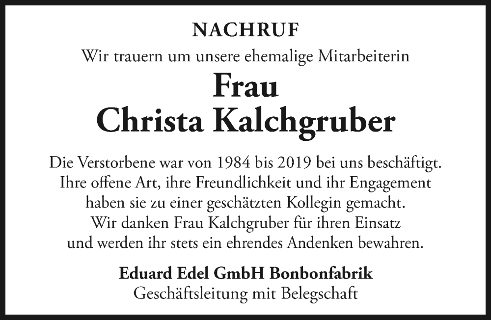  Traueranzeige für Christa Kalchgruber vom 30.01.2026 aus Donau Zeitung