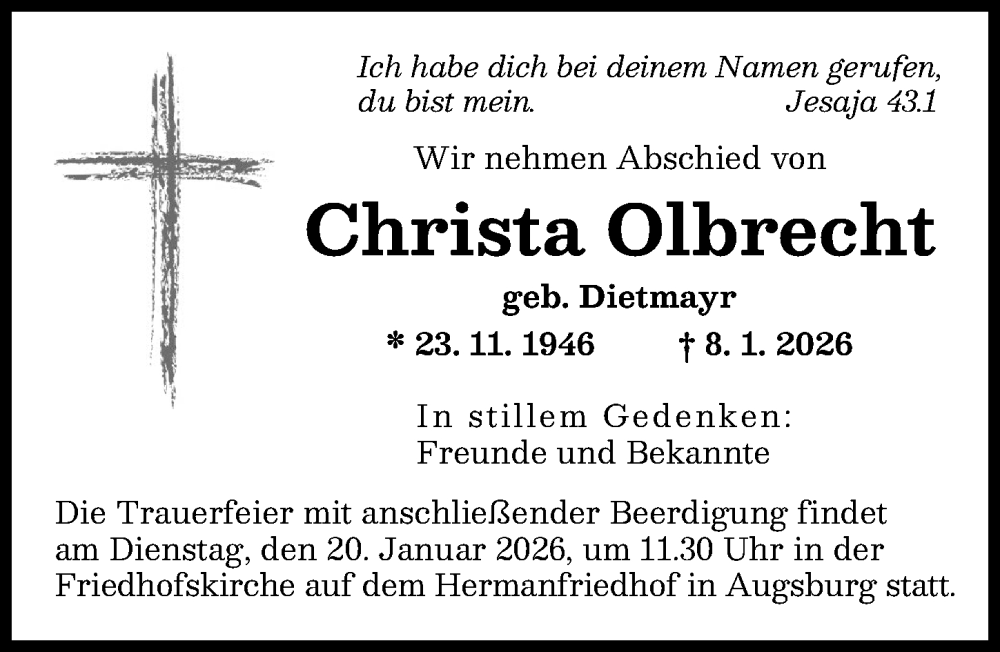  Traueranzeige für Christa Olbrecht vom 17.01.2026 aus Augsburger Allgemeine