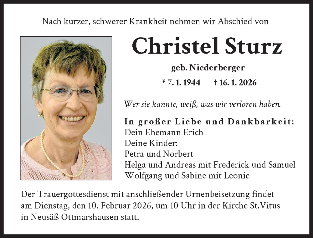 Traueranzeige für Christel Sturz vom 31.01.2026 aus Augsburger Allgemeine