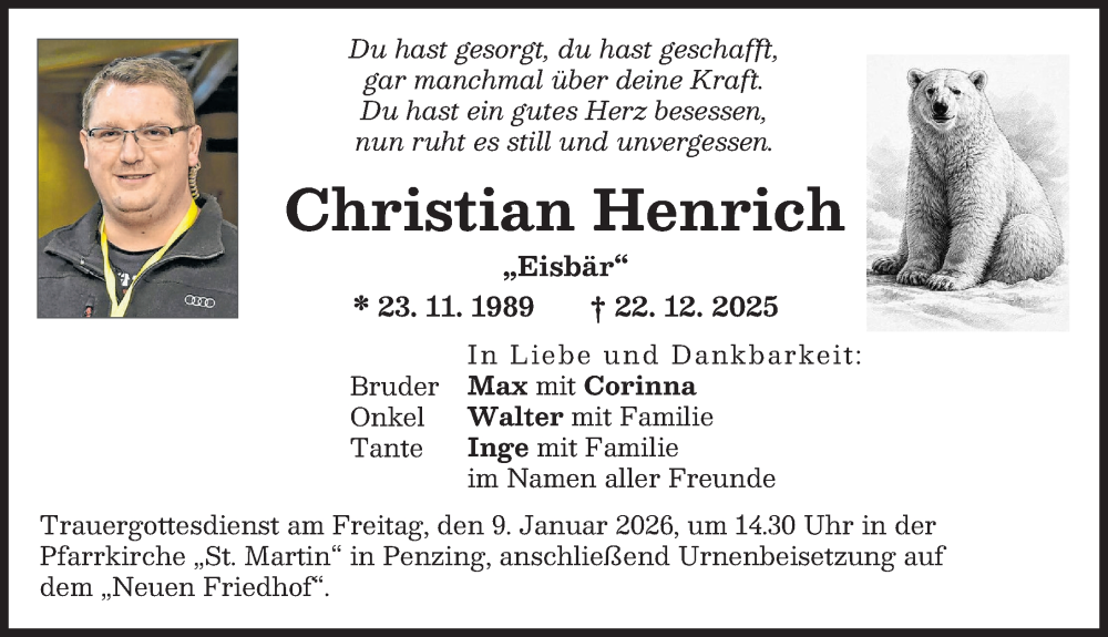  Traueranzeige für Christian Henrich vom 03.01.2026 aus Landsberger Tagblatt