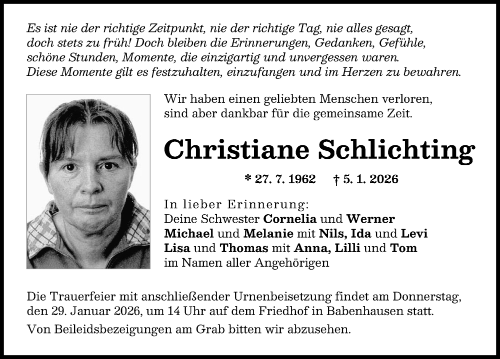  Traueranzeige für Christiane Schlichting vom 26.01.2026 aus Illertisser Zeitung