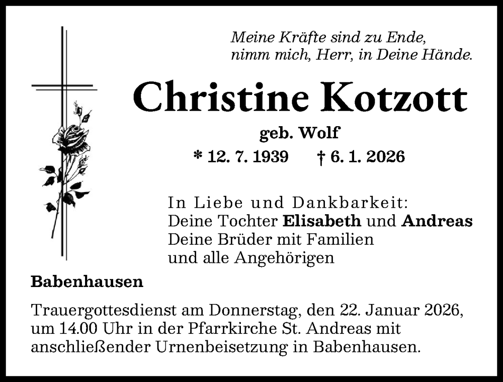  Traueranzeige für Christine Kotzott vom 17.01.2026 aus Illertisser Zeitung