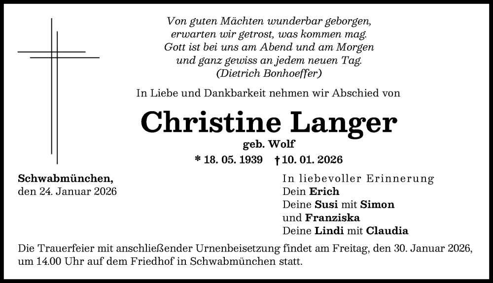  Traueranzeige für Christine Langer vom 24.01.2026 aus Schwabmünchner Allgemeine