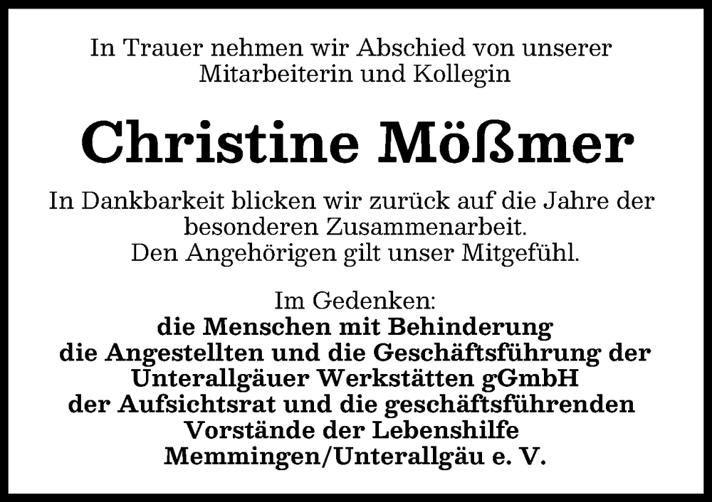  Traueranzeige für Christine Mößmer vom 31.01.2026 aus Mindelheimer Zeitung