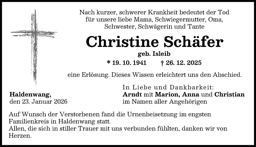  Traueranzeige für Christine Schäfer vom 23.01.2026 aus Günzburger Zeitung