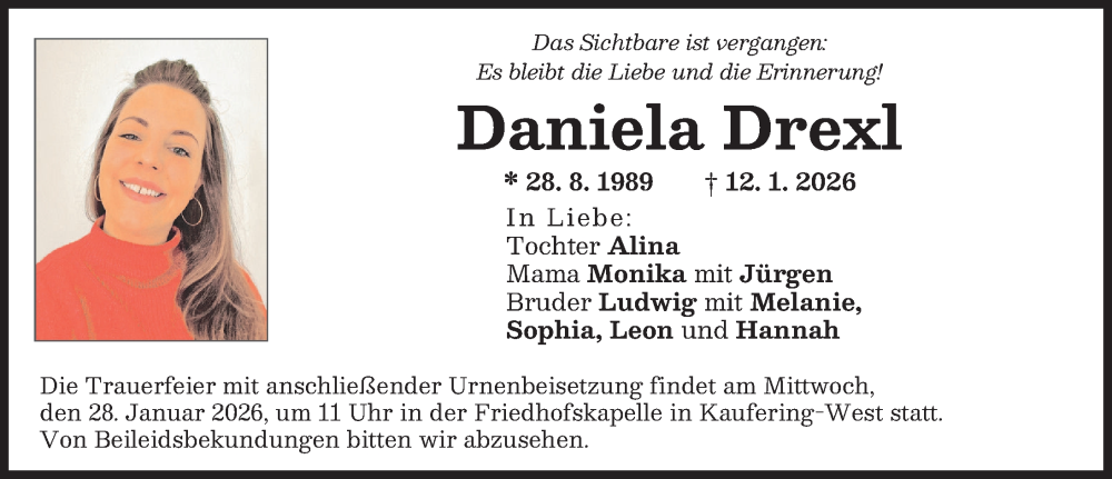  Traueranzeige für Daniela Drexl vom 24.01.2026 aus Landsberger Tagblatt