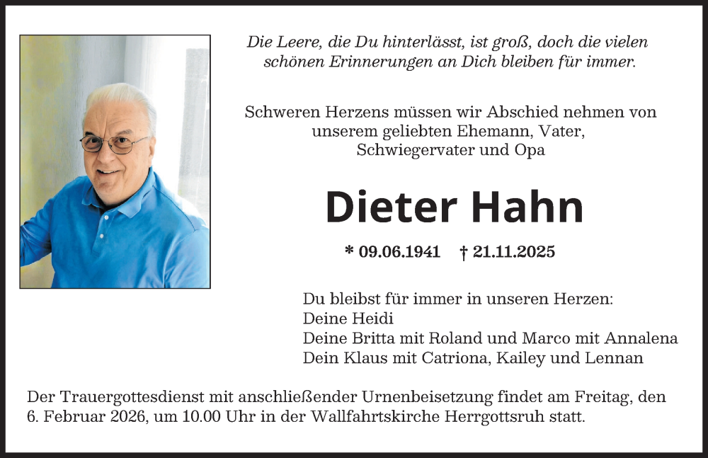  Traueranzeige für Dieter Hahn vom 31.01.2026 aus Friedberger Allgemeine