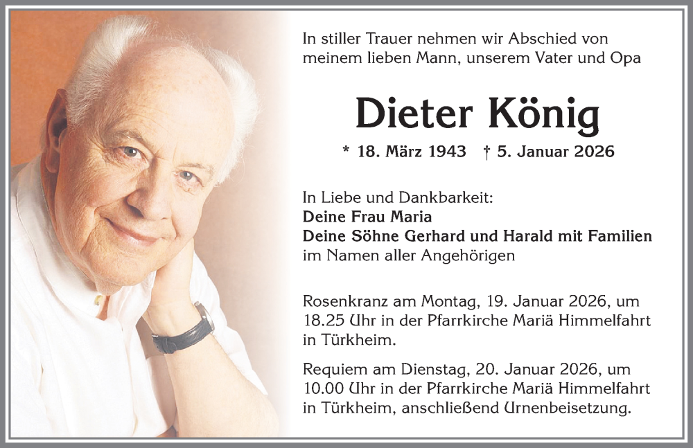  Traueranzeige für Dieter König vom 17.01.2026 aus Mindelheimer Zeitung