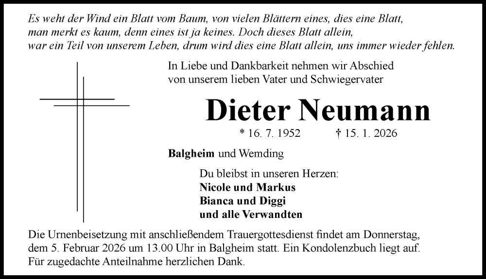  Traueranzeige für Dieter Neumann vom 31.01.2026 aus Rieser Nachrichten