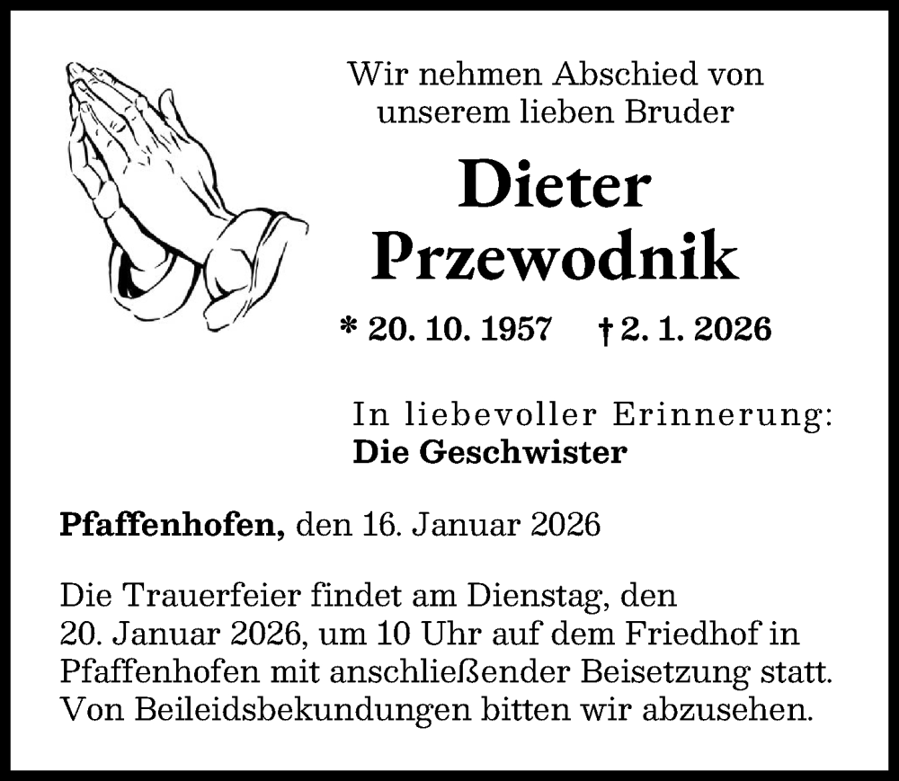  Traueranzeige für Dieter Przewodnik vom 16.01.2026 aus Neu-Ulmer Zeitung