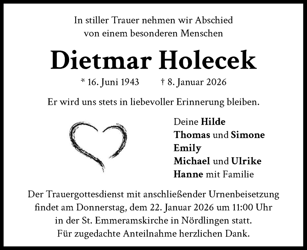  Traueranzeige für Dietmar Holecek vom 17.01.2026 aus Rieser Nachrichten