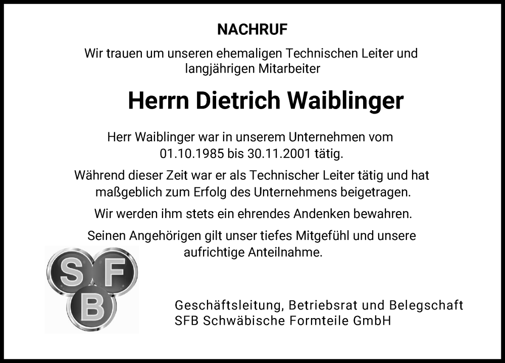  Traueranzeige für Dietrich Waiblinger vom 31.01.2026 aus Illertisser Zeitung