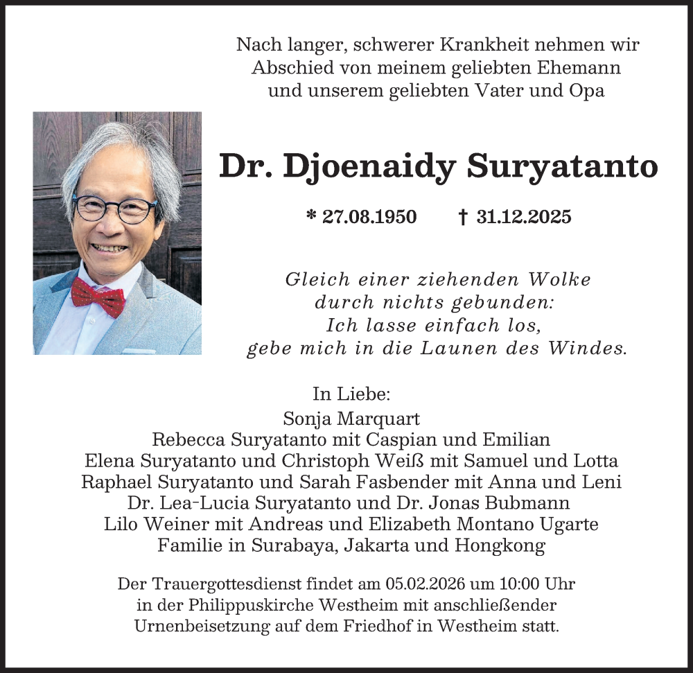  Traueranzeige für Djoenaidy Suryatanto vom 24.01.2026 aus Augsburger Allgemeine