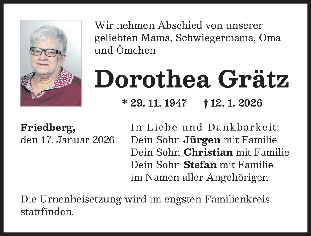  Traueranzeige für Dorothea Grätz vom 17.01.2026 aus Friedberger Allgemeine