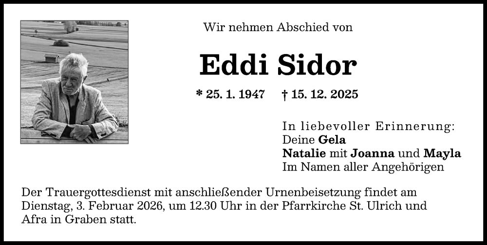  Traueranzeige für Eddi Sidor vom 31.01.2026 aus Schwabmünchner Allgemeine