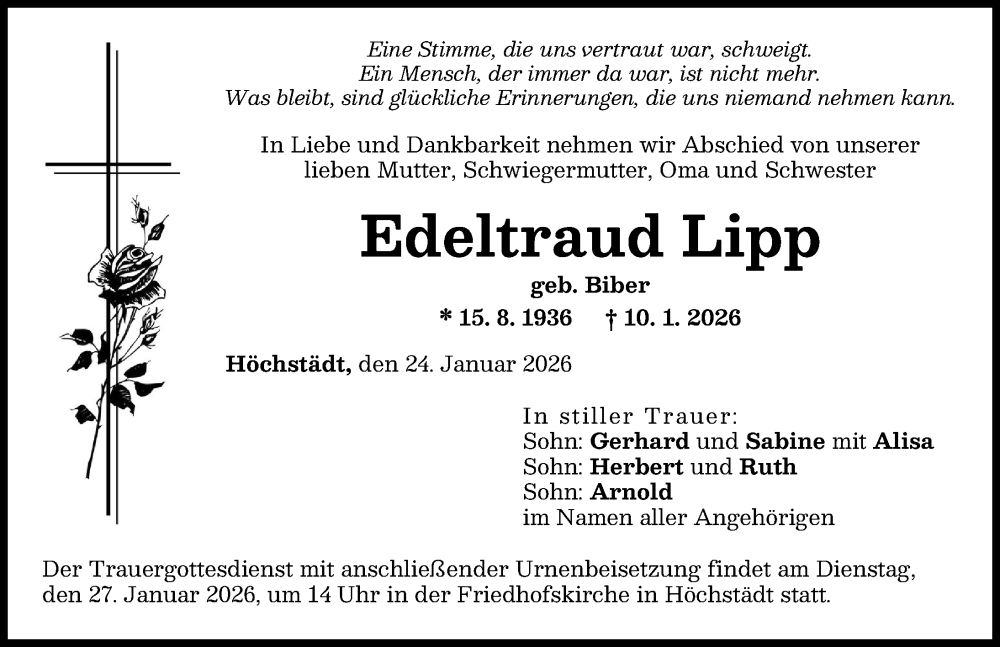  Traueranzeige für Edeltraud Lipp vom 24.01.2026 aus Donau Zeitung