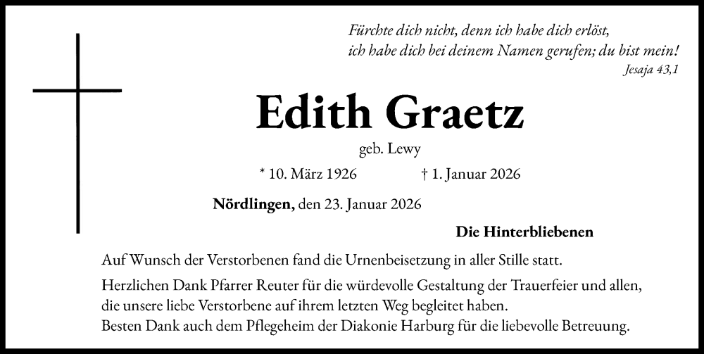  Traueranzeige für Edith Graetz vom 23.01.2026 aus Rieser Nachrichten