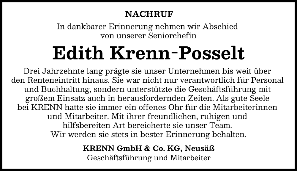  Traueranzeige für Edith Krenn-Posselt vom 31.01.2026 aus Augsburger Allgemeine