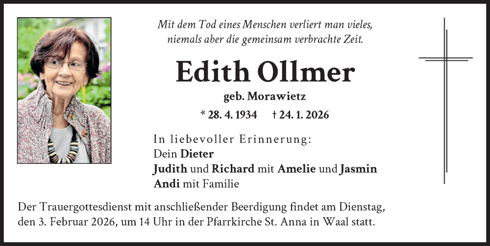  Traueranzeige für Edith Ollmer vom 31.01.2026 aus Landsberger Tagblatt