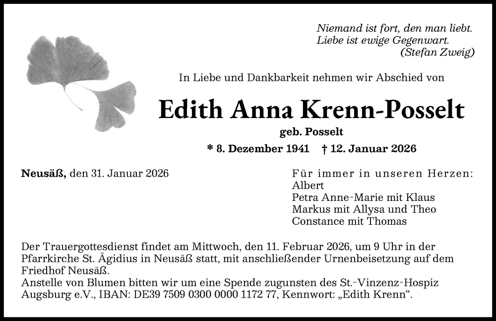  Traueranzeige für Edith Anna Krenn-Posselt vom 31.01.2026 aus Augsburger Allgemeine