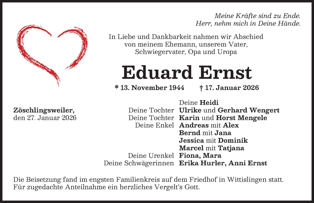  Traueranzeige für Eduard Ernst vom 27.01.2026 aus Donau Zeitung
