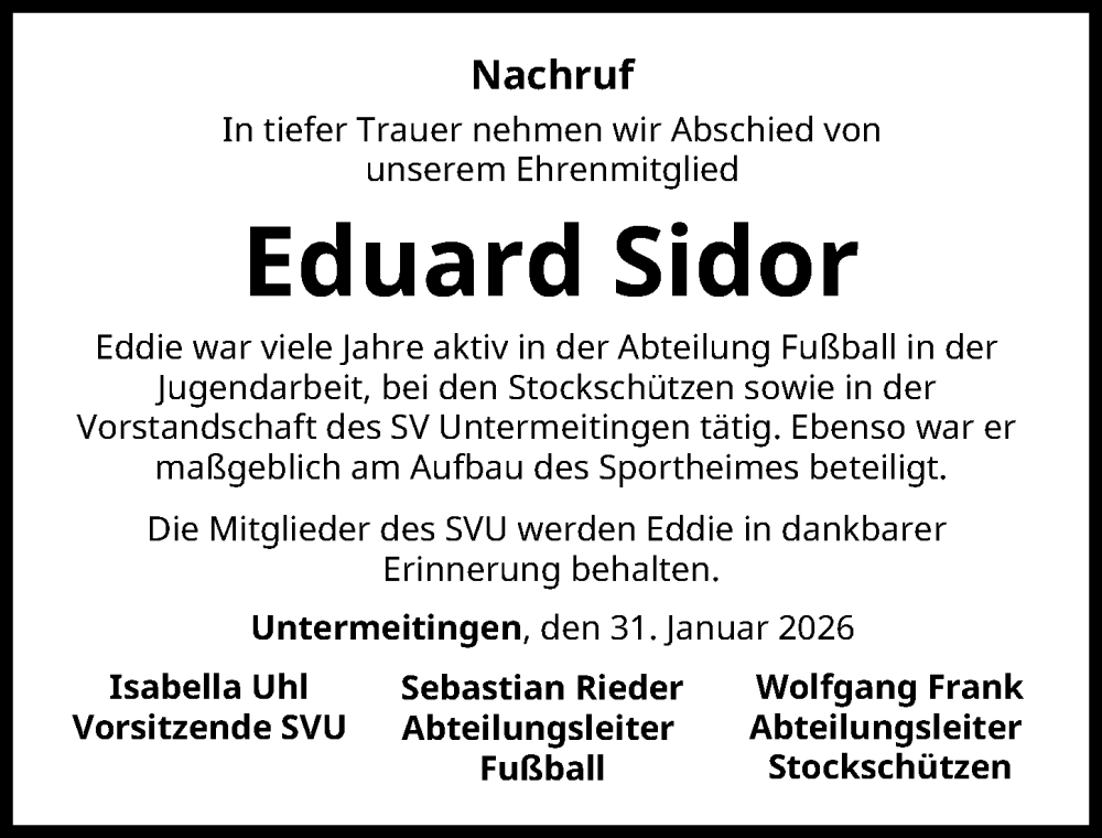  Traueranzeige für Eduard Sidor vom 31.01.2026 aus Schwabmünchner Allgemeine