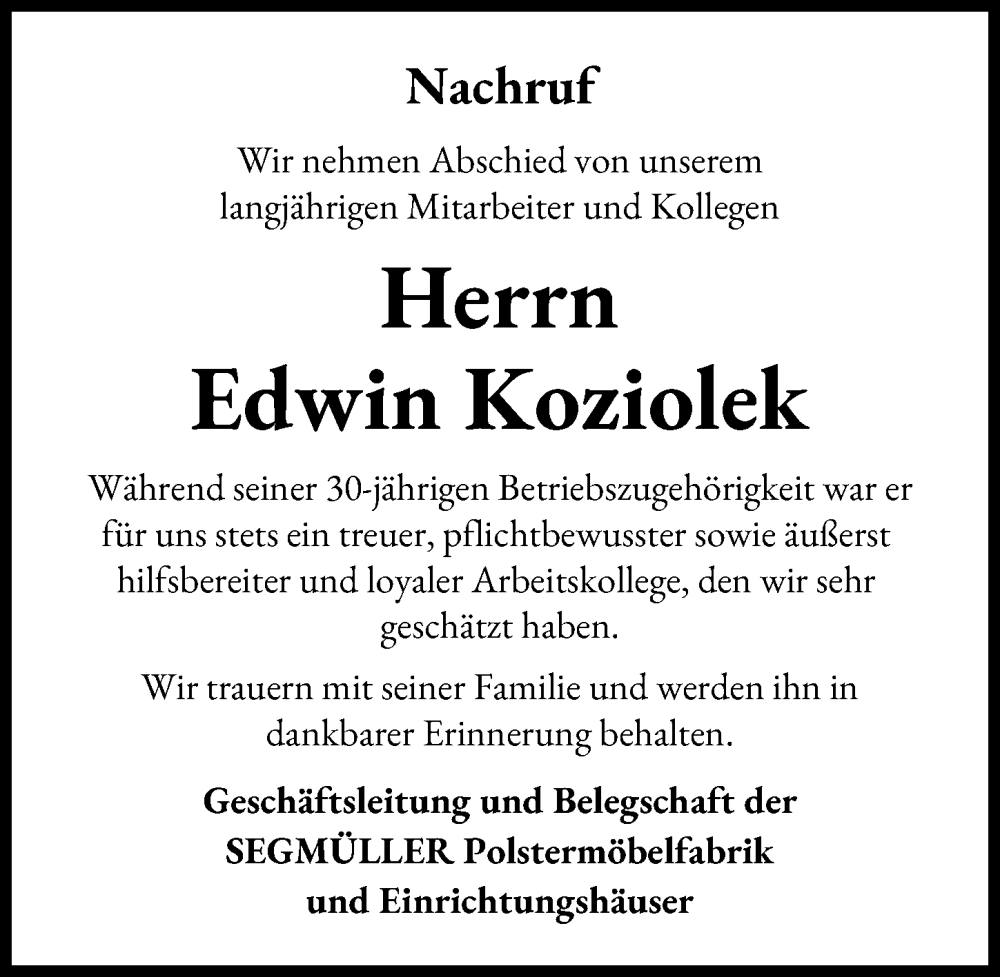  Traueranzeige für Edwin Koziolek vom 10.01.2026 aus Friedberger Allgemeine, Augsburg-Land
