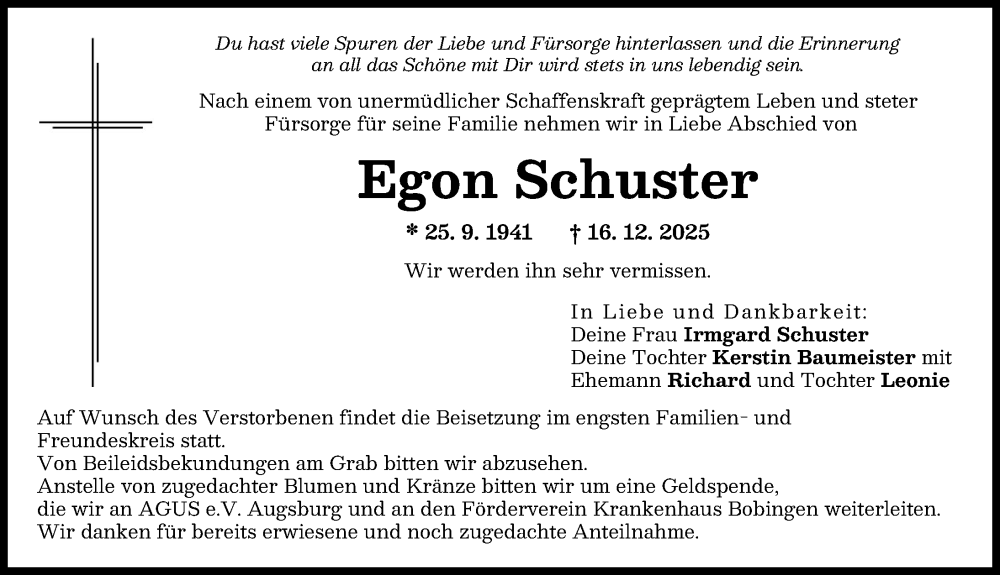 Traueranzeige von Egon Schuster von Schwabmünchner Allgemeine