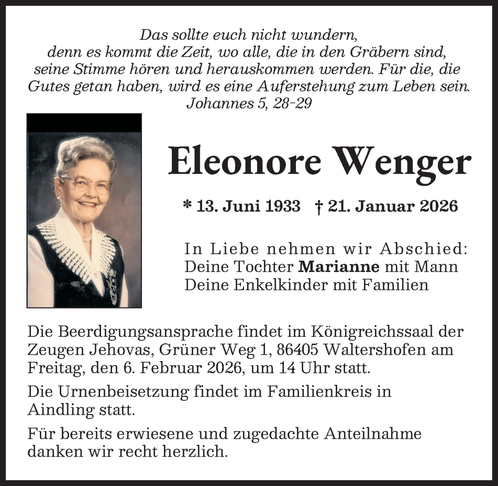  Traueranzeige für Eleonore Wenger vom 31.01.2026 aus Aichacher Nachrichten