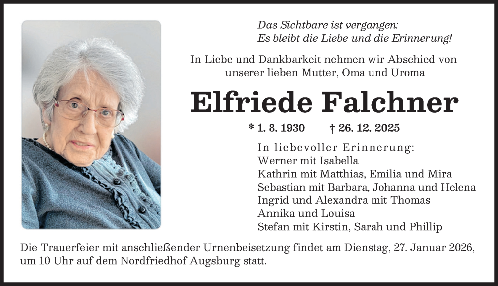  Traueranzeige für Elfriede Falchner vom 24.01.2026 aus Augsburger Allgemeine