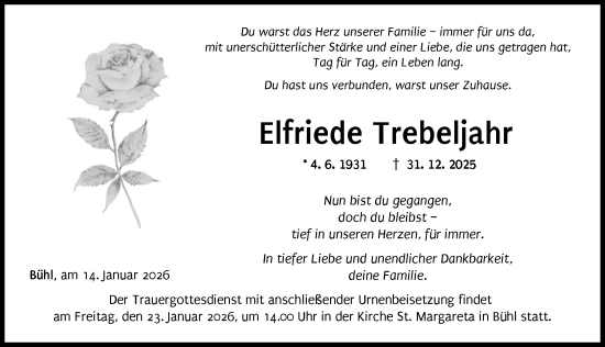 Traueranzeige von Elfriede Trebeljahr von Günzburger Zeitung